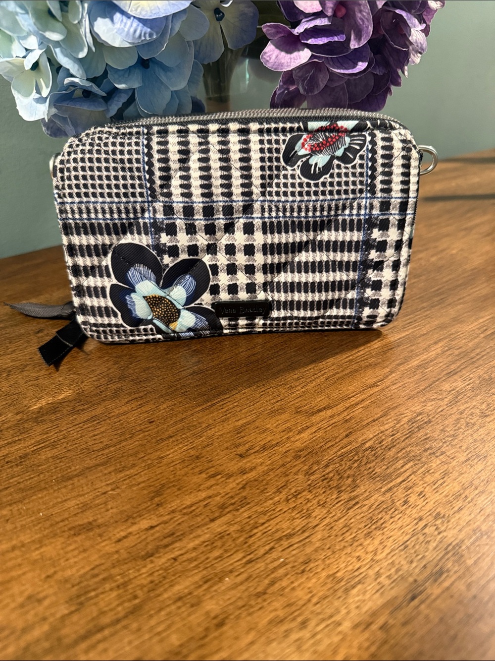 Vera Bradley Black & White Plaid Zip Wallet with Blue Floral Accents